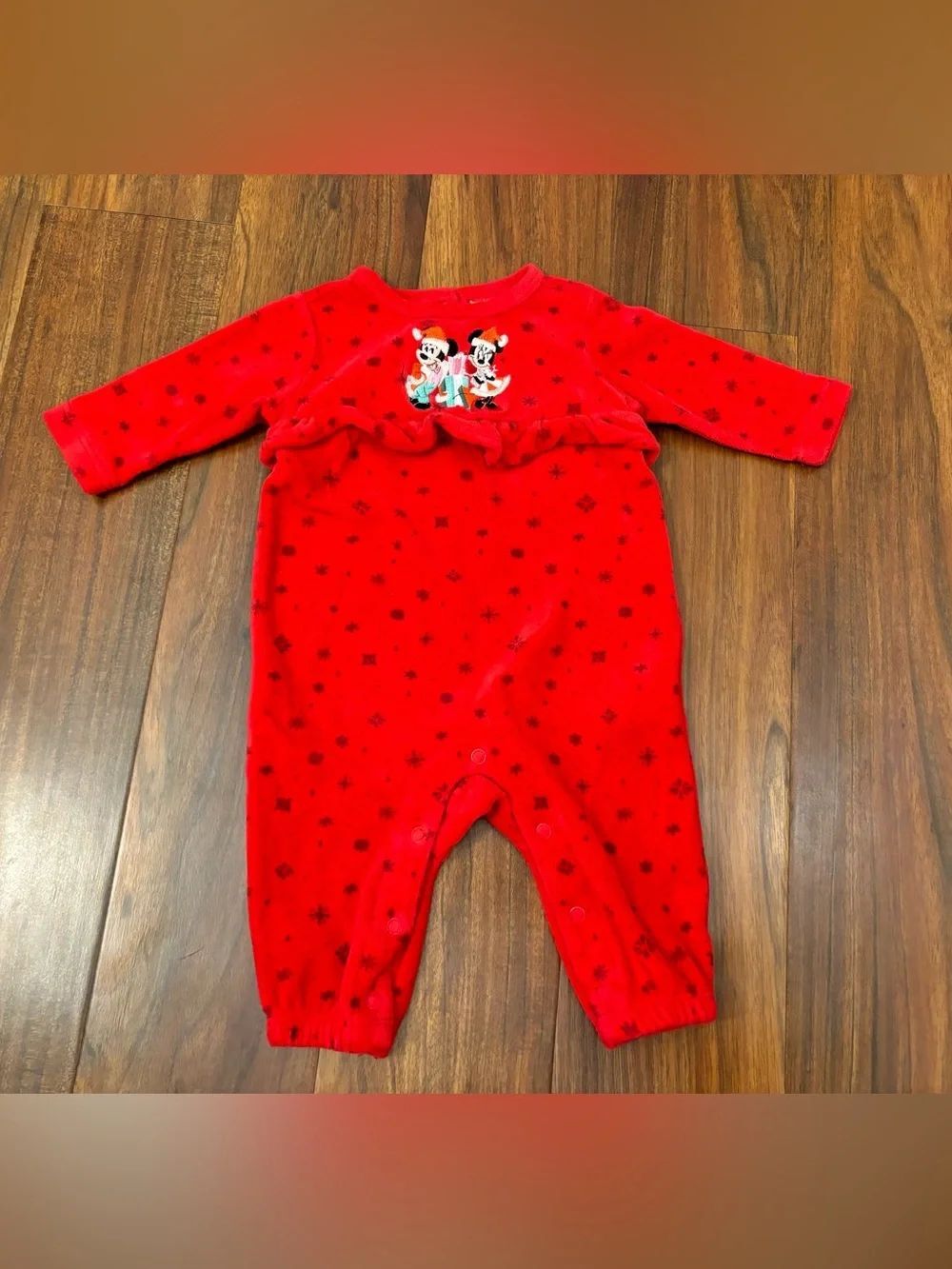 Disney Baby Mickey Minnie Red Holiday Embroidered Soft Jumpsuit
